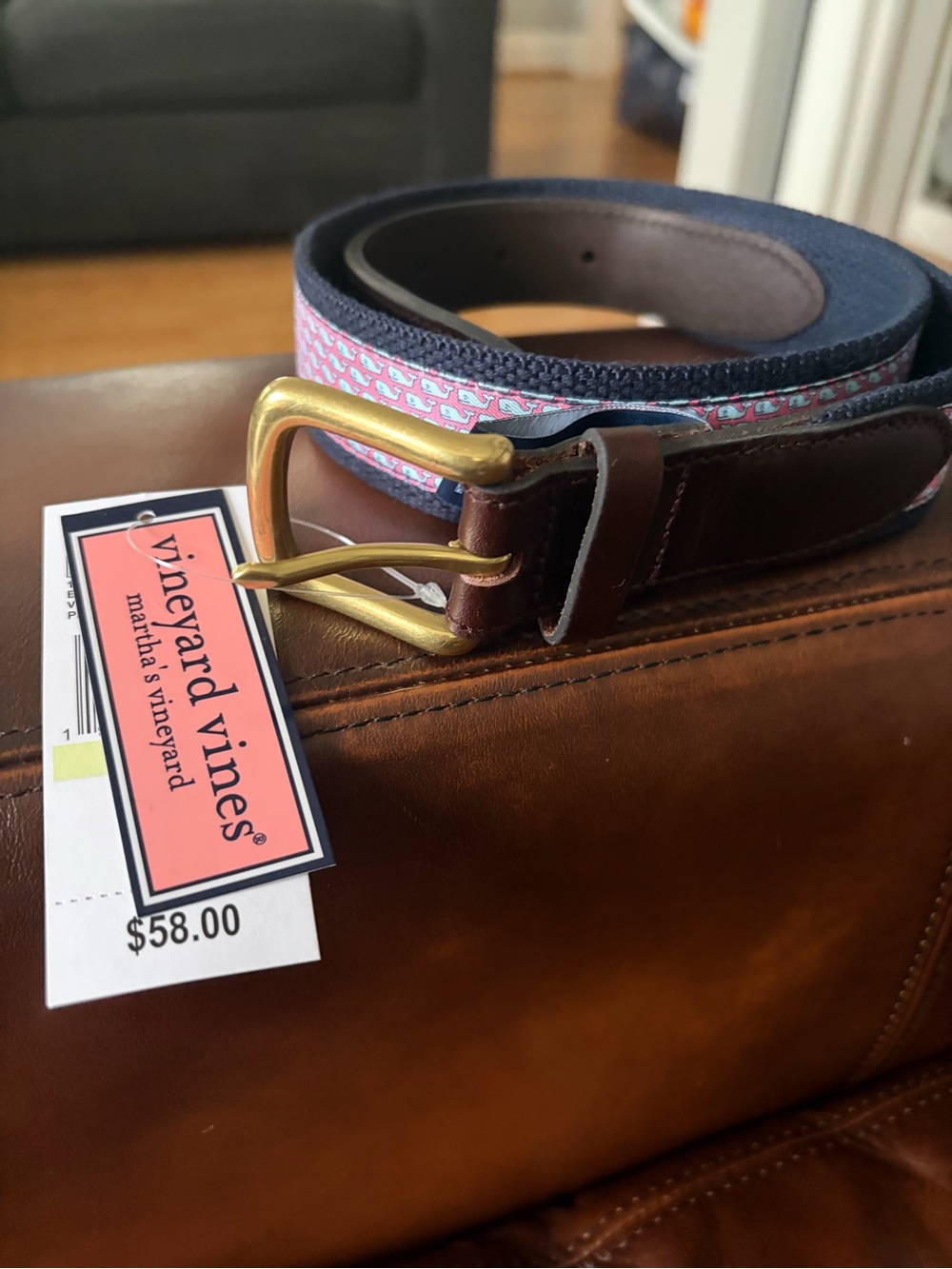 Vineyard Vines Navy Belt with Pink Whale-Print and Brown Leather Trim